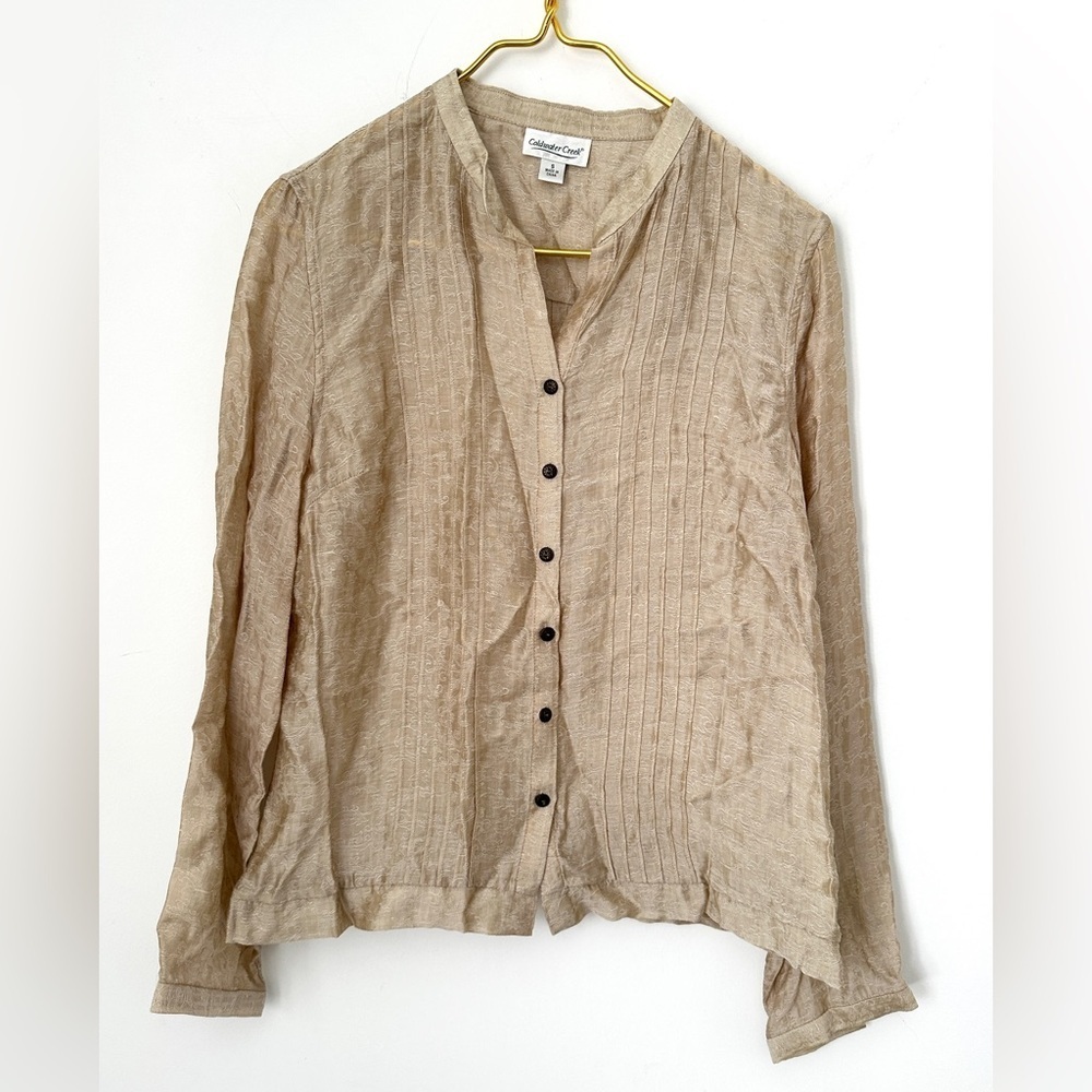 Coldwater Creek Ivory Tan Shimmer Pintuck Button Front Blouse Women’s Small